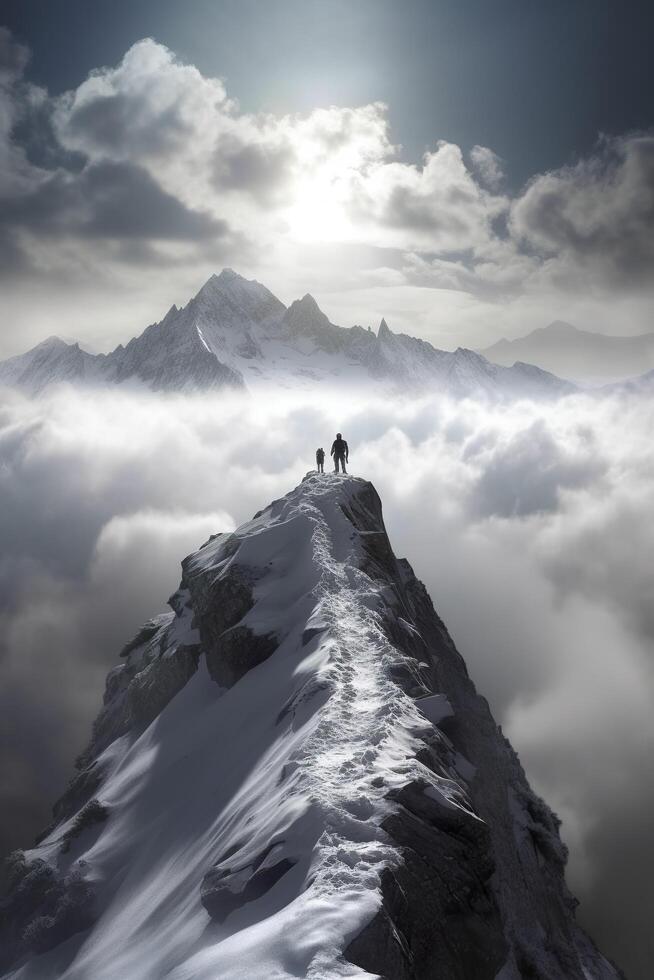 Man on top of mountain, walking through clouds, AI Generative photo