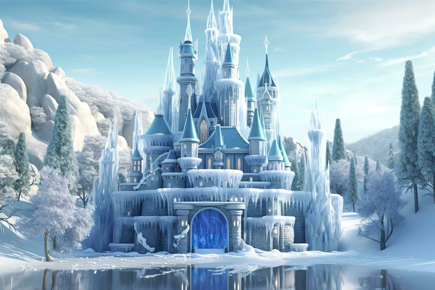 Cute blue Magic Ice Castle. Fantasy snowy landscape. Winter castle on the mountain, winter forest. AI Generative photo