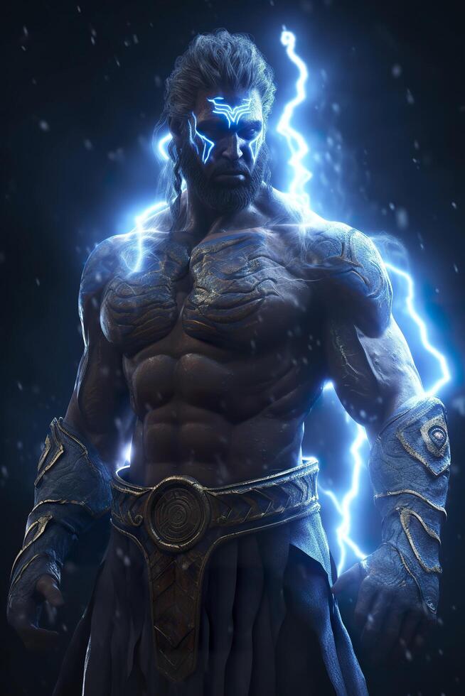 Image of a god with lightning behind him, fantasy characters. AI Generative photo