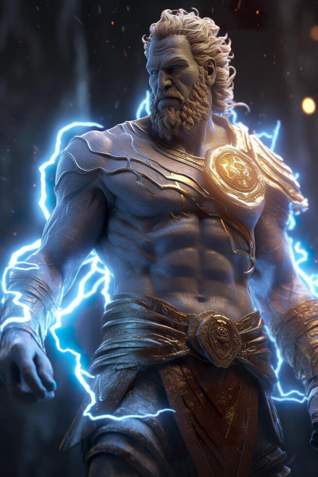 Image of a god with lightning behind him, fantasy characters. AI Generative photo