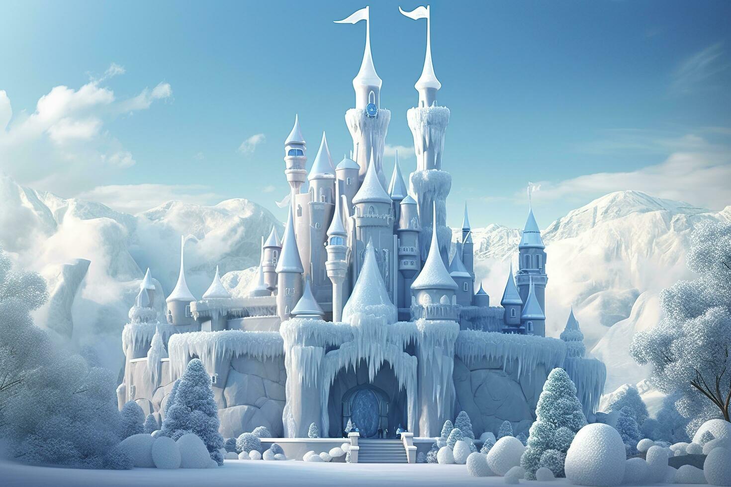 Cute blue Magic Ice Castle. Fantasy snowy landscape. Winter castle on the mountain, winter forest. AI Generative photo