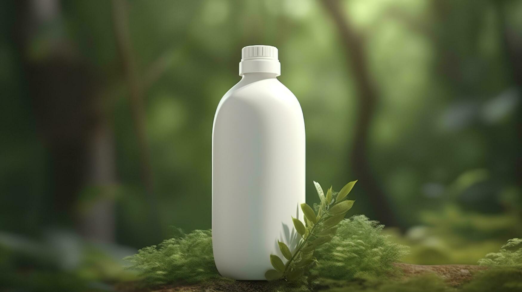 natural cosmético producto presentación entre bastidores. al aire libre bosque colocación. blanco blanco tarro champú botella. 3d. ai generativo foto