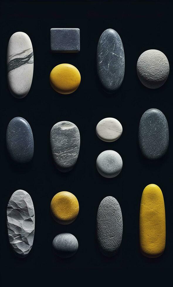 algunos vistoso piedras son desplegado, oscuro Armada y amarillo, ai generativo foto