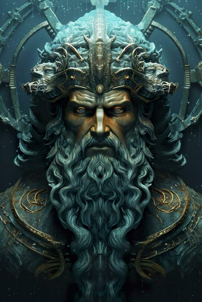 The gods of the sea Zeus god Necronomicon gods of the sea god, futuristic, sci-fi elements, dark bronze and light azure, close up, AI Generative photo