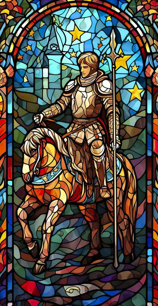 A Knight in Shining Armor. An Illustration of a Mythical Ancient Paladin in Stained Glass Renaissance Fresco Style. AI Generative photo