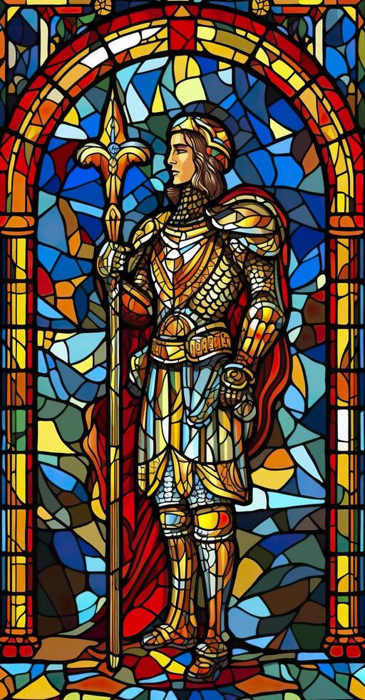 A Knight in Shining Armor. An Illustration of a Mythical Ancient Paladin in Stained Glass Renaissance Fresco Style. AI Generative photo