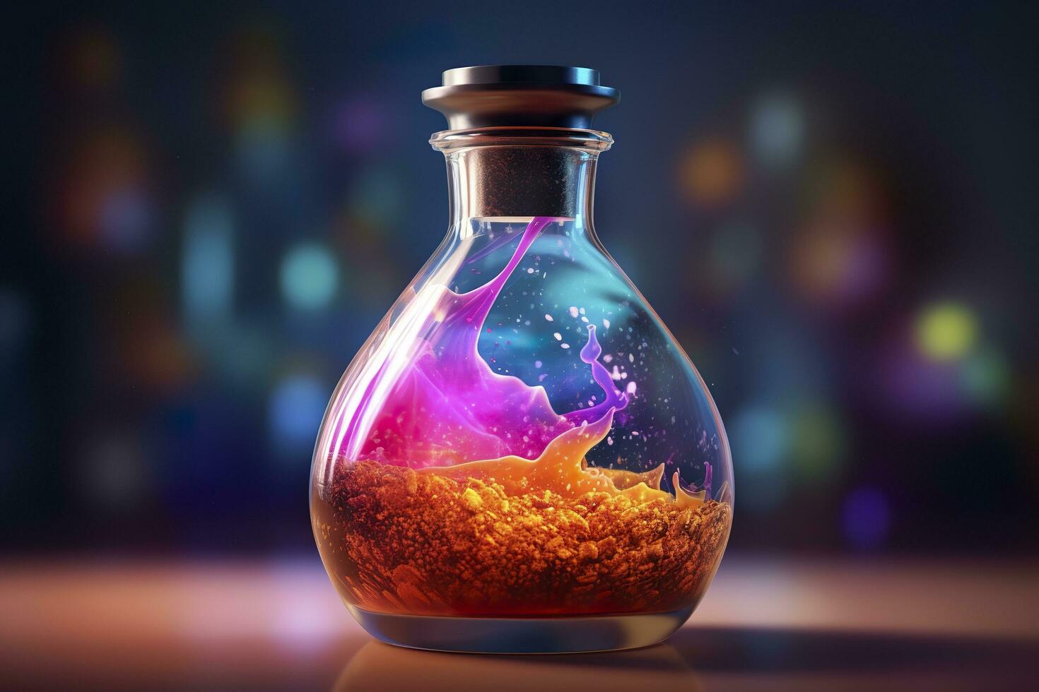 Close Up of a Science Beaker Filled with Multi Colored Liquids. AI Generative photo