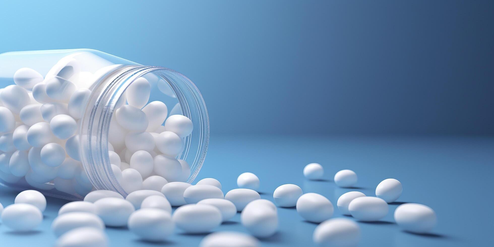 White pills from plastic medicine bottles on blue background with copy space. Medicine and health concept. 3d rendering. AI Generative photo