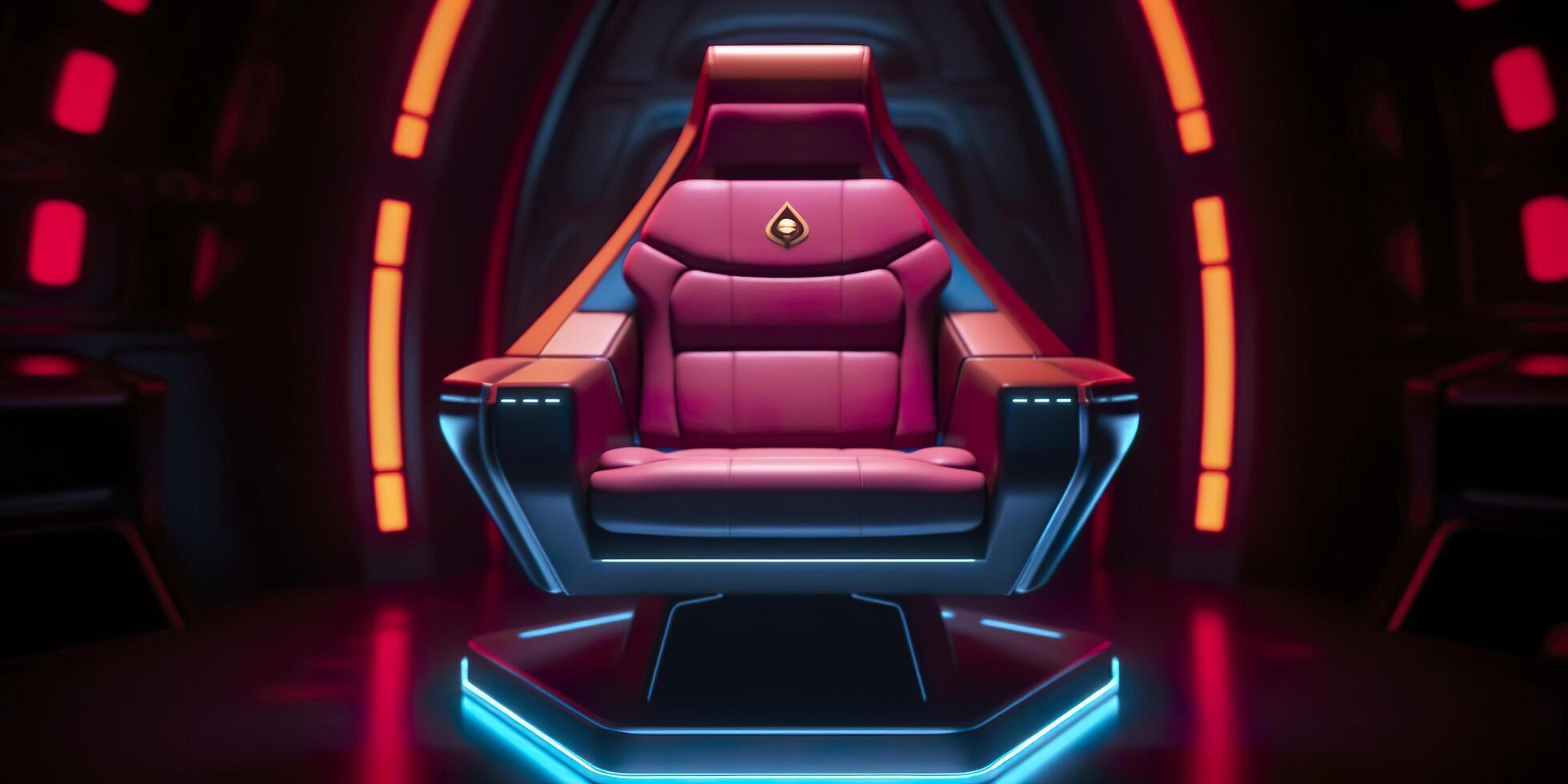 80s Inspired Captain Chair from Star Trek with Neon Lights and Cockpit Interior Background. AI Generative photo