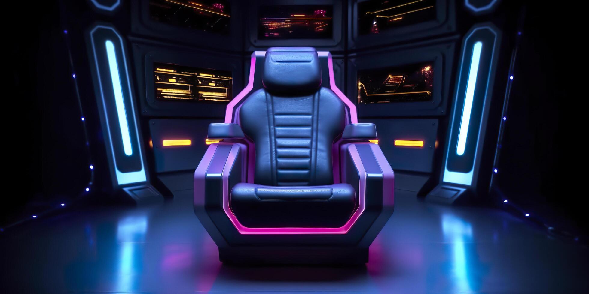 80s Inspired Captain Chair from Star Trek with Neon Lights and Cockpit Interior Background. AI Generative photo