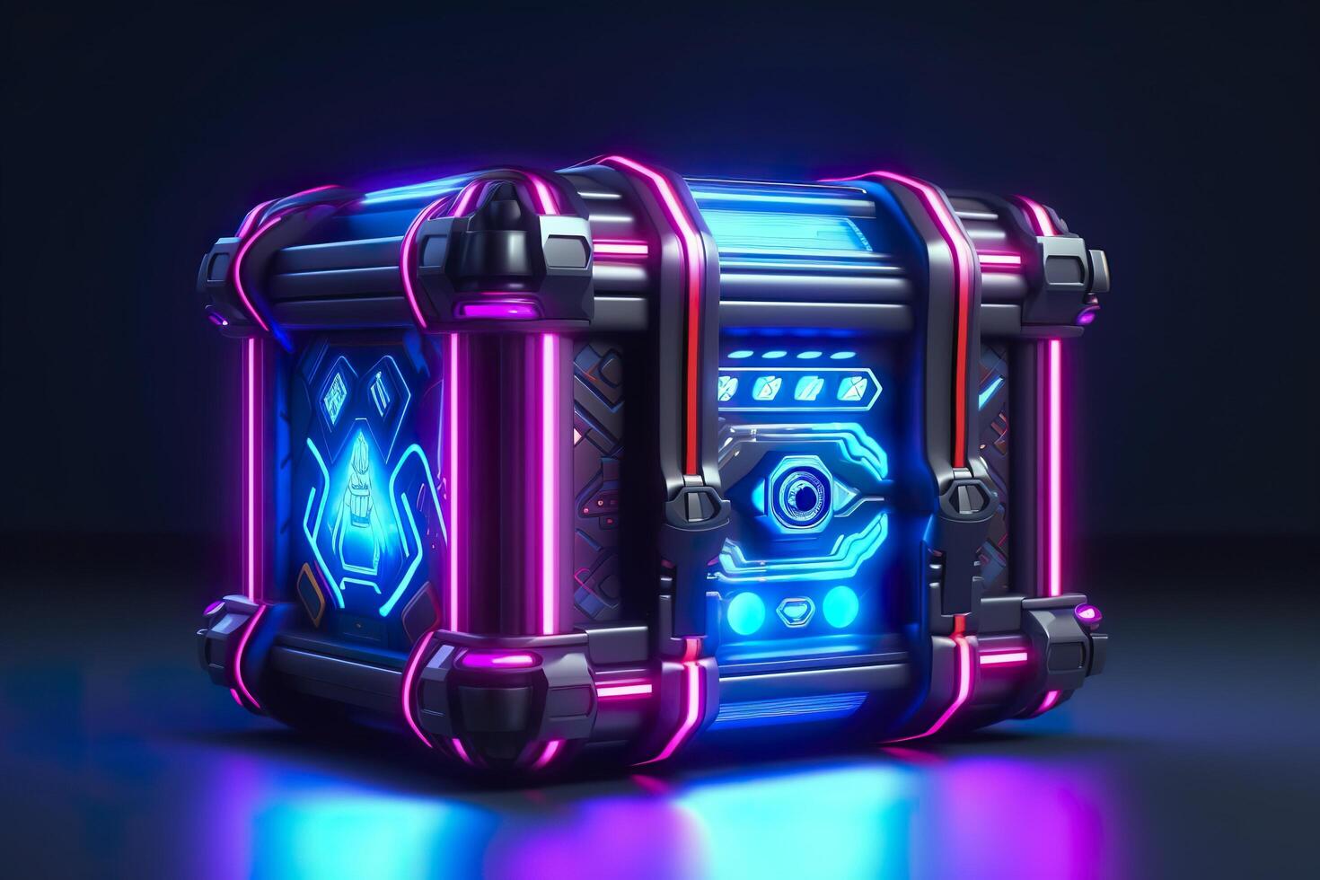Modern and Futuristic Neon Digital Gaming Chest in Cartoon Pixar 3D Blender Style. AI Generative photo
