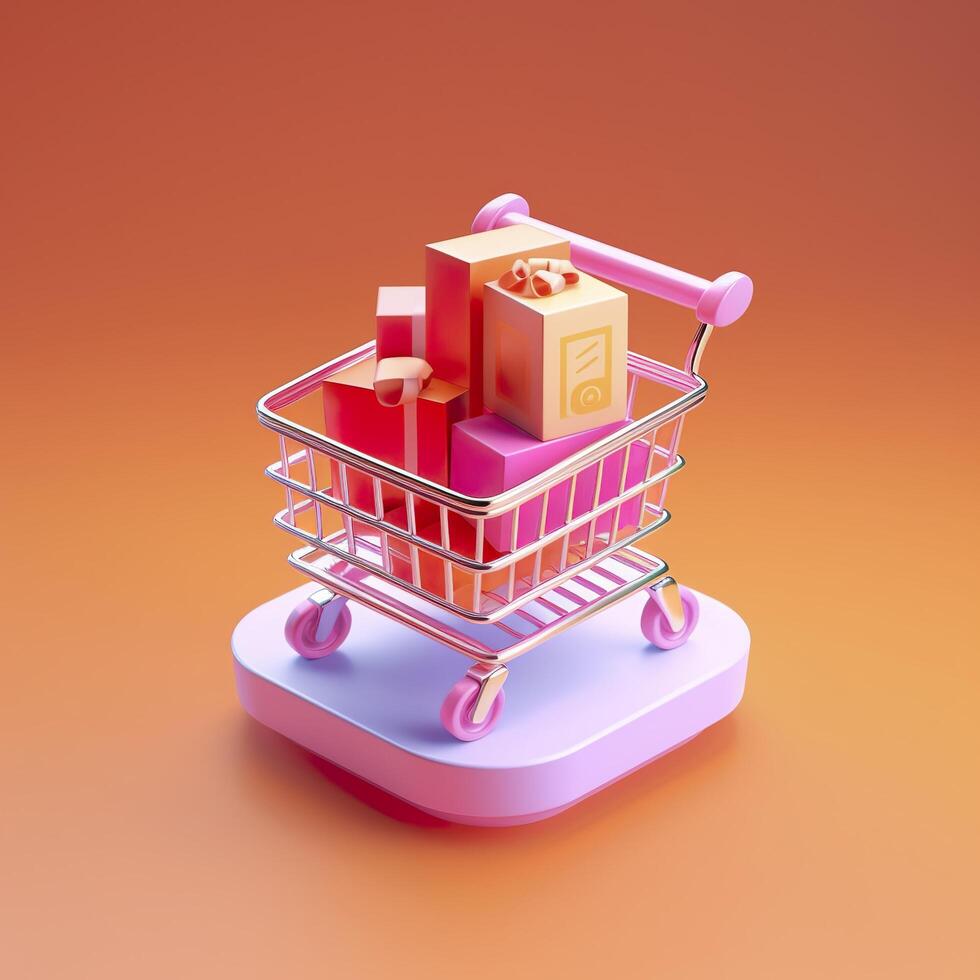 Light Orange and Pink Shopping Cart with Gift Box Icon. AI Generative photo