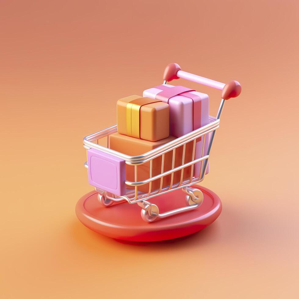 Light Orange and Pink Shopping Cart with Gift Box Icon. AI Generative photo