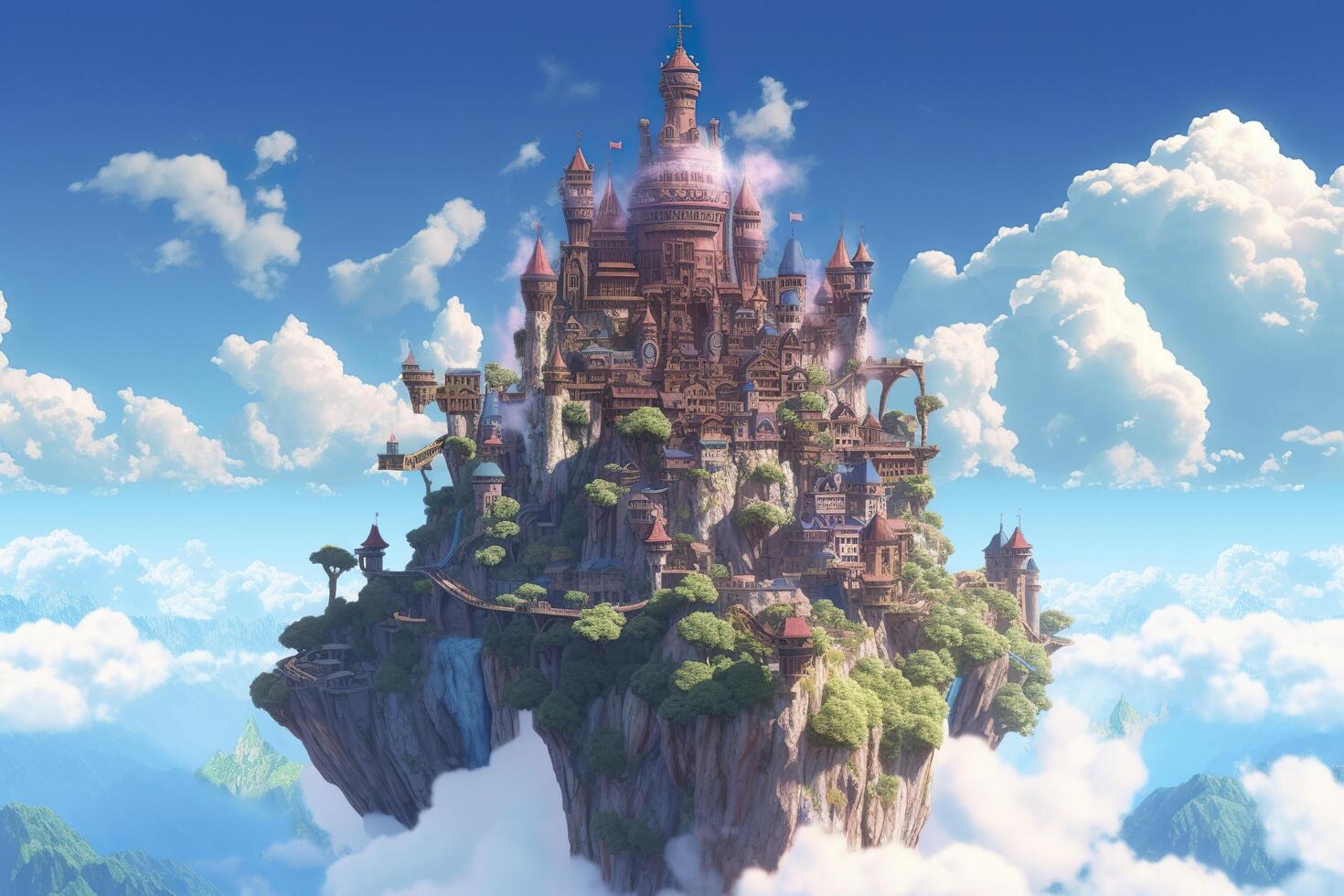 Ancient Heavenly Floating island in the sky with a castle, vibrant, fantasypunk, AI Generative photo