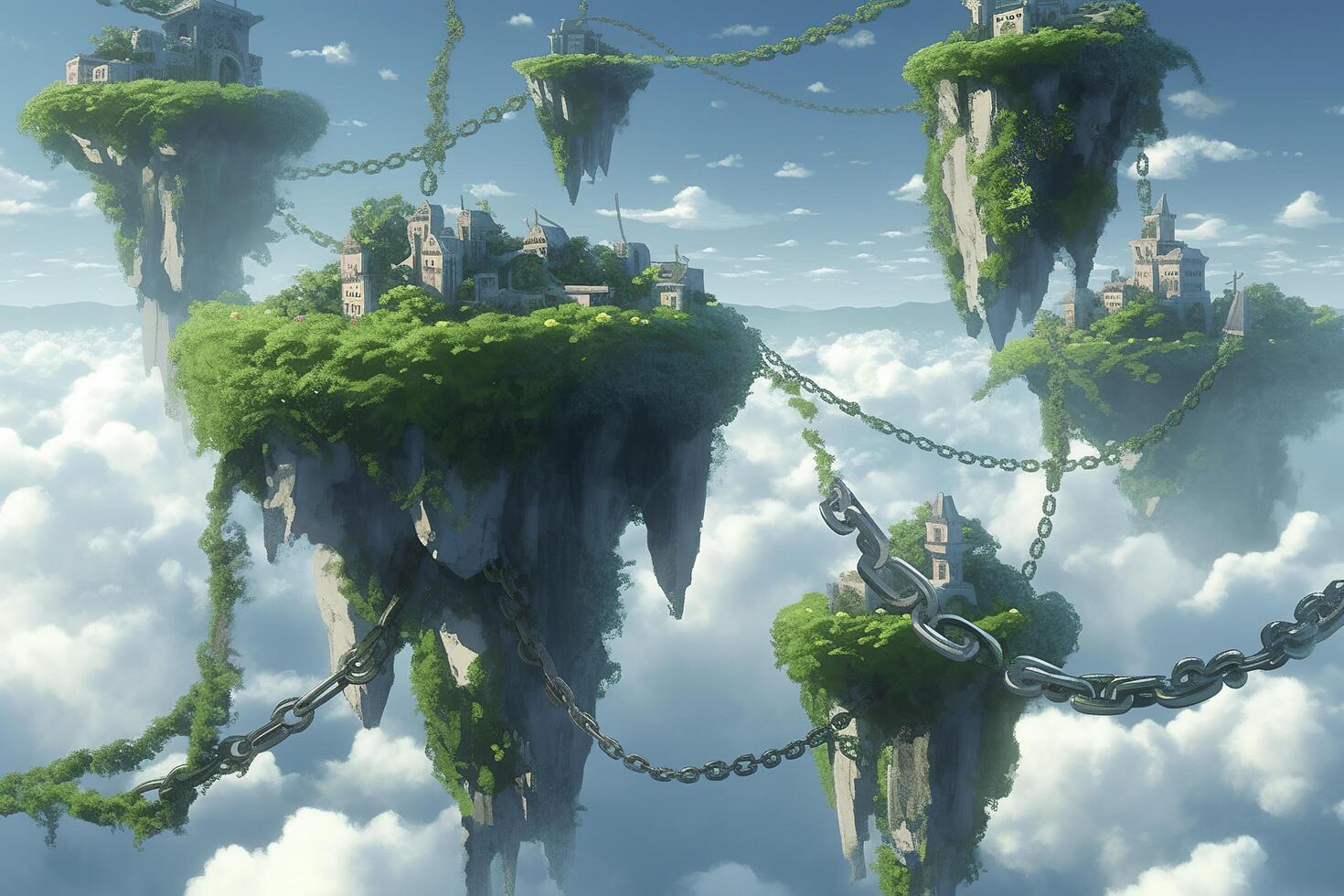 A series of islands floating in the sky connected by vines and giant chains. AI Generative photo