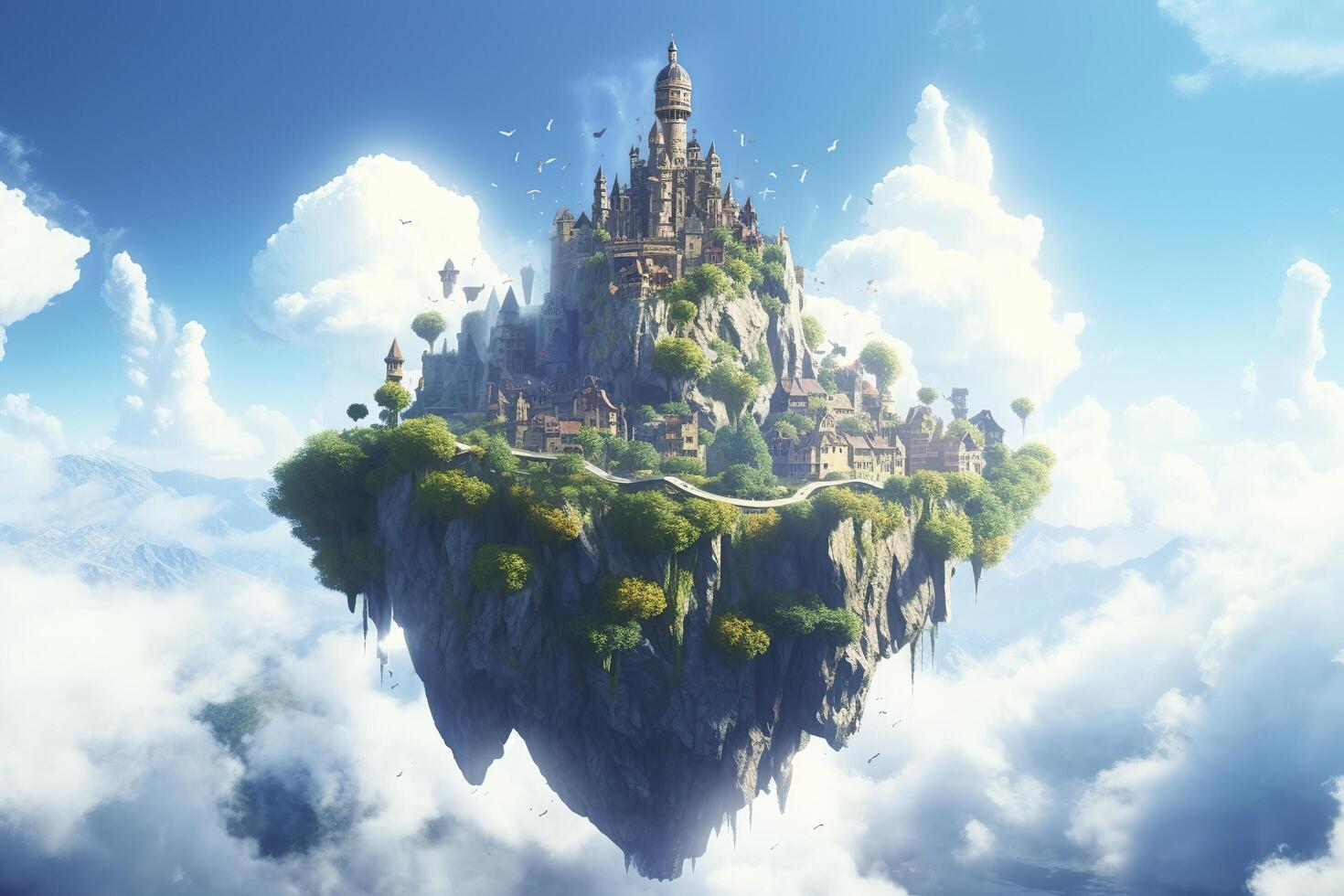 Ancient Heavenly Floating island in the sky with a castle, vibrant, fantasypunk, AI Generative photo