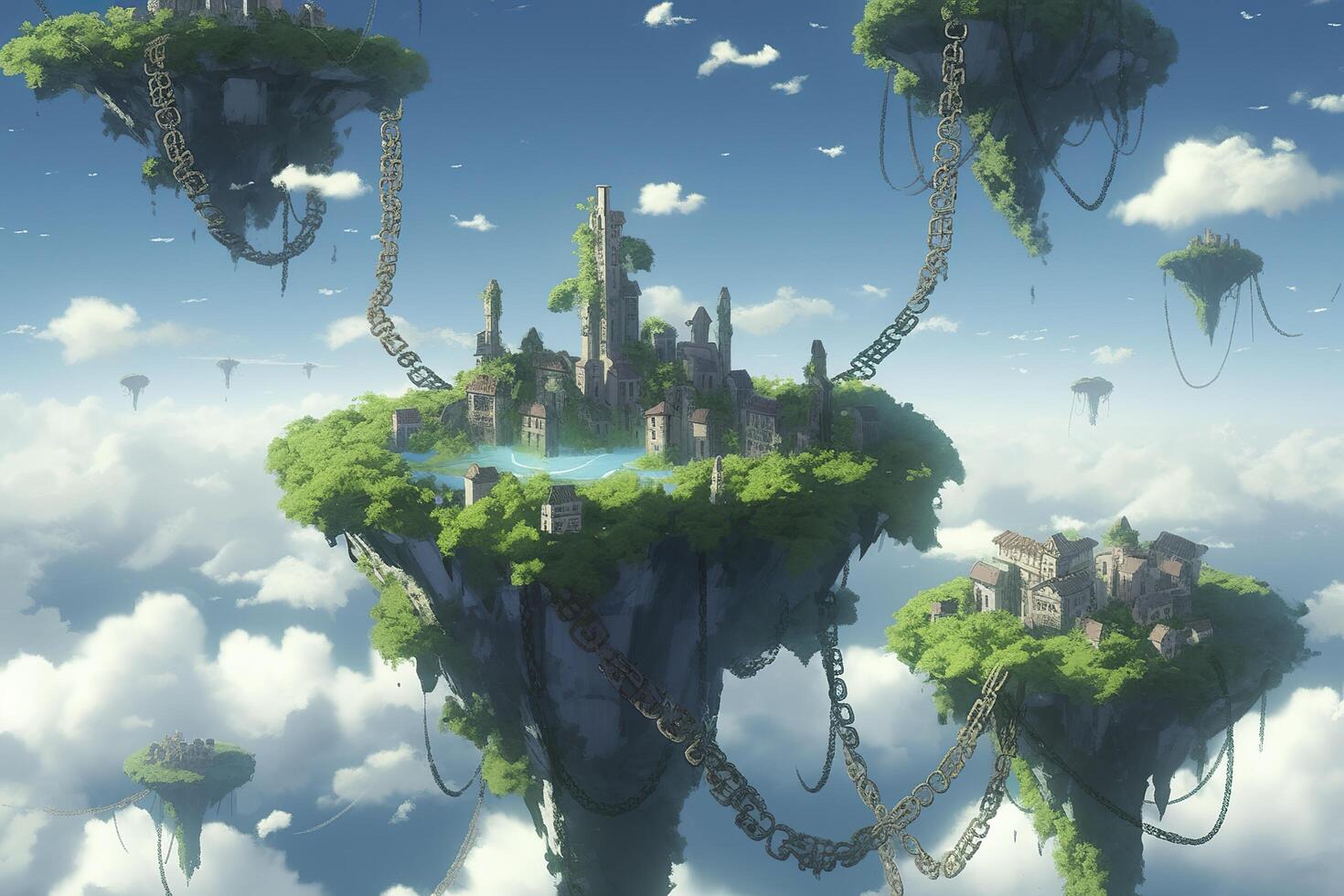 A series of islands floating in the sky connected by vines and giant chains. AI Generative photo