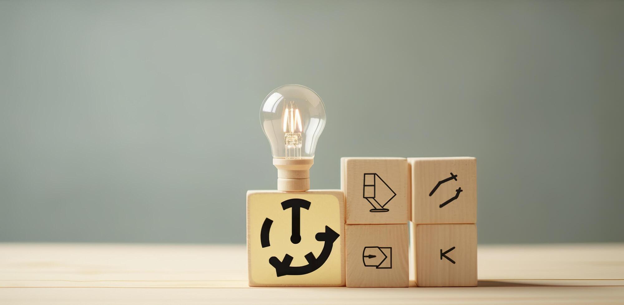 Creative idea, solution and innovation concept. Idea generation for business development. Wooden cube blocks with light bulb and cycle icons on clean background and copy space. AI Generative photo