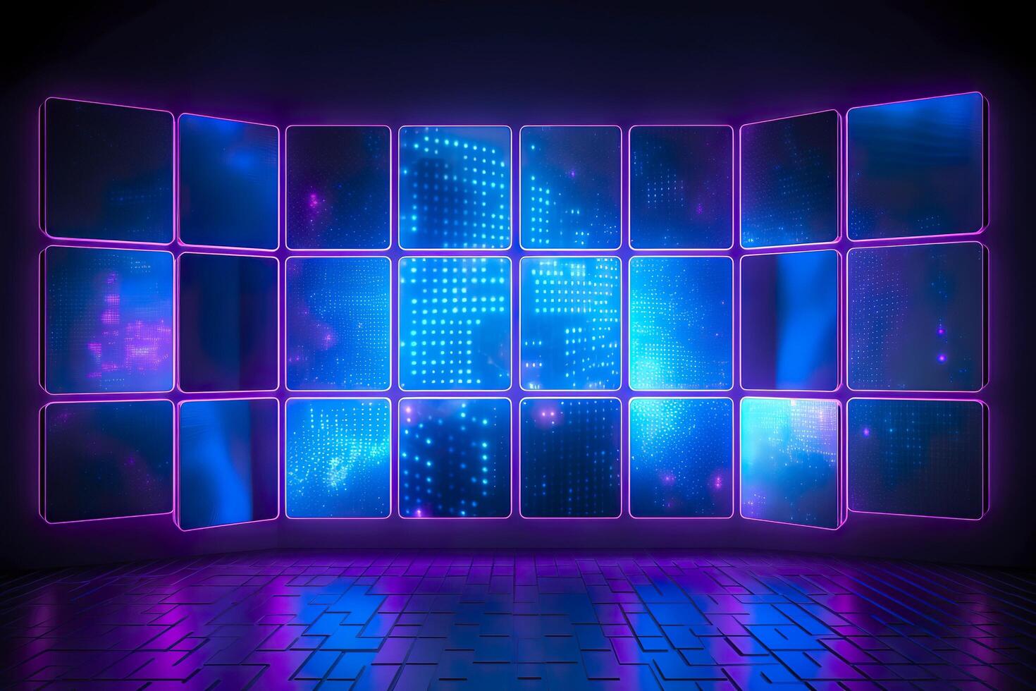 blue and purple lighted panels on a wall. generative AI photo