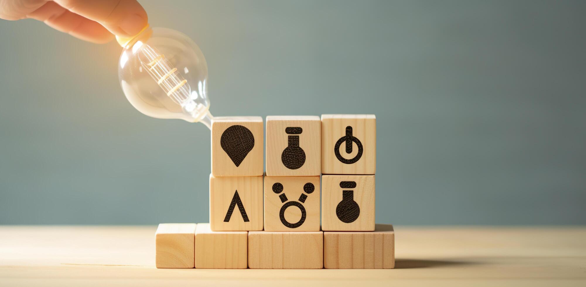 Creative idea, solution and innovation concept. Idea generation for business development. Wooden cube blocks with light bulb and cycle icons on clean background and copy space. AI Generative photo