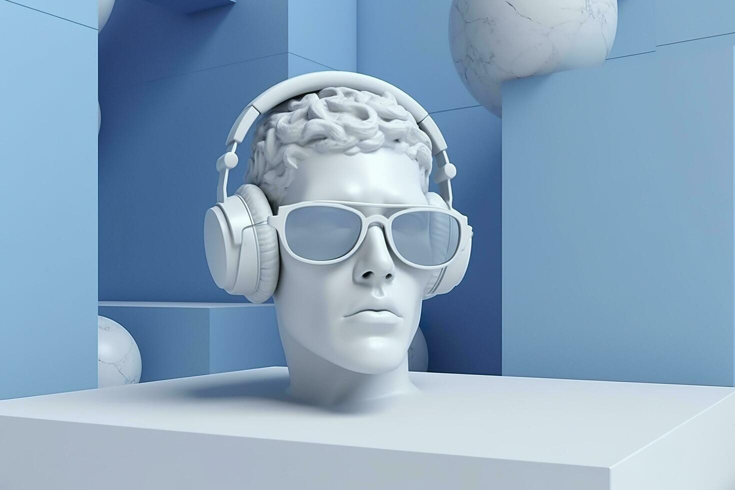 mínimo escena de Gafas de sol y auriculares en humano cabeza escultura, música concepto, 3d representación. ai generativo foto