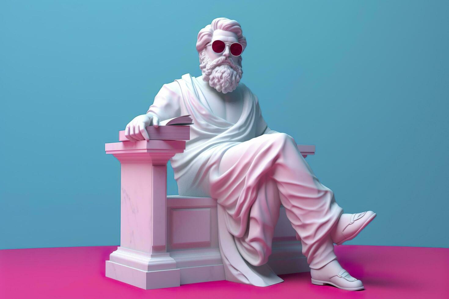 A white statue of Plato in a cool pose, wearing magenta and cyan 3D glasses, ready to party. AI Generative photo