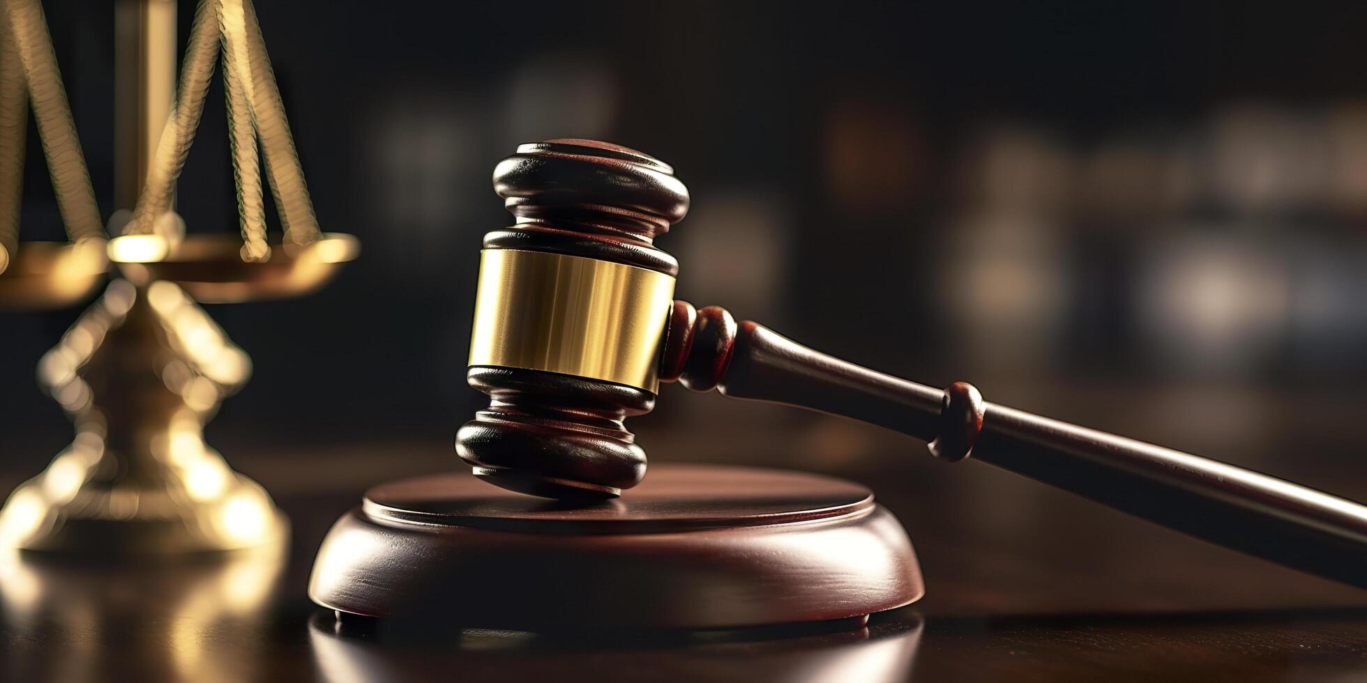 Legal law concept image gavel bokeh. law and authority lawyer concept, judgment gavel hammer in court courtroom for crime judgment legislation and judicial decision. AI Generative photo