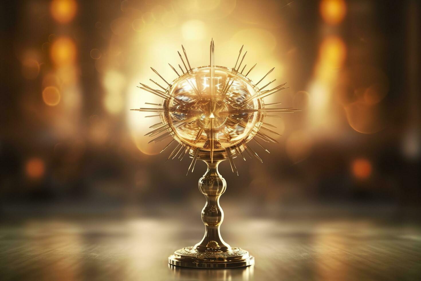 The golden monstrance with a little transparent crystal center, consecrated host. church defocused background. AI Generative photo