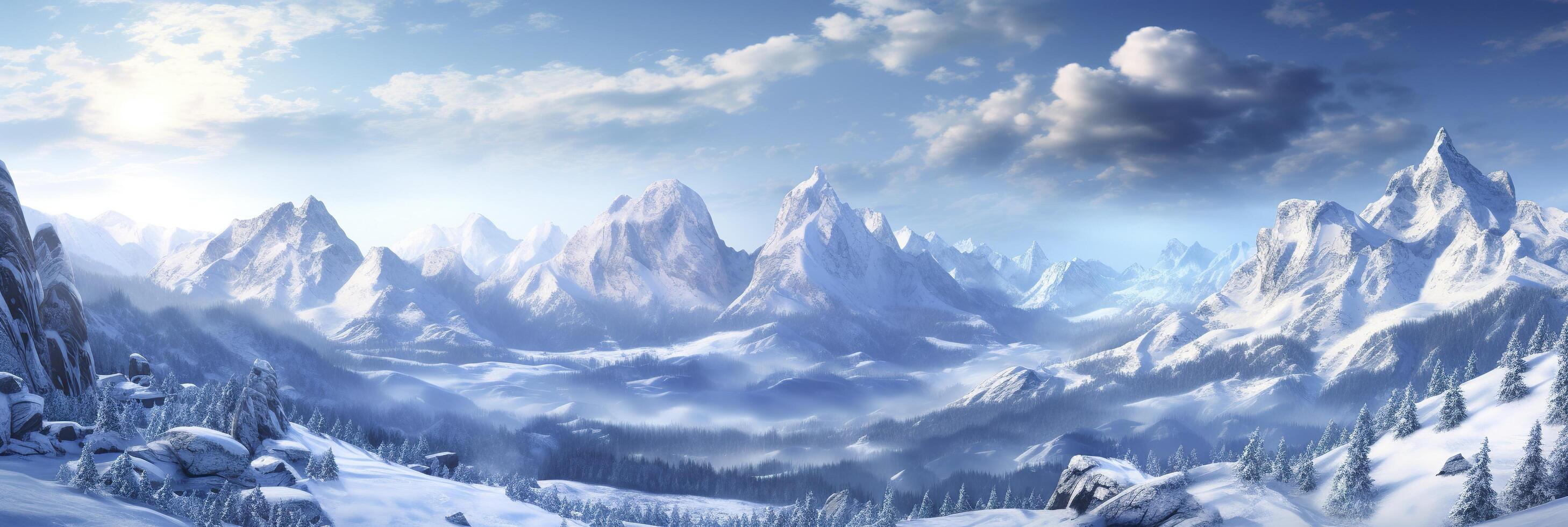vast desolated snow land, big mountains in the background, snowfall with light blue sky and light blue colors, peaceful atmosphere,  AI Generative photo