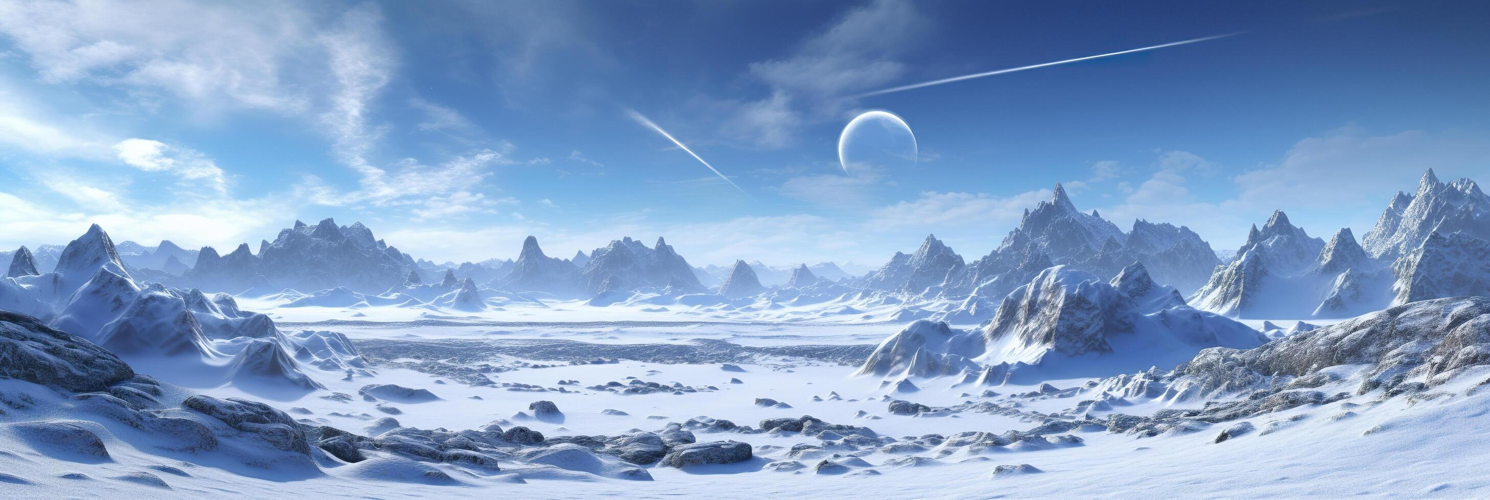 vast desolated snow land, big mountains in the background, snowfall with light blue sky and light blue colors, peaceful atmosphere,  AI Generative photo