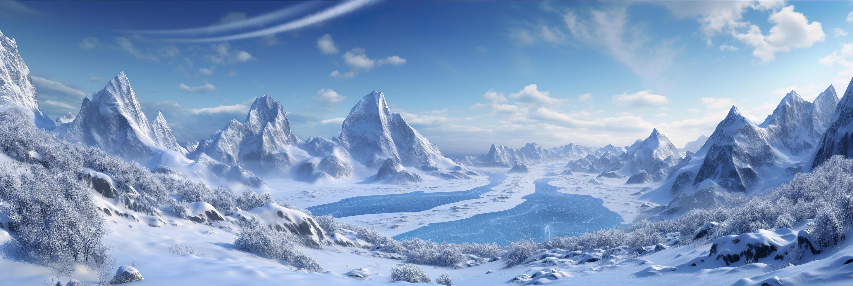 vast desolated snow land, big mountains in the background, snowfall with light blue sky and light blue colors, peaceful atmosphere,  AI Generative photo