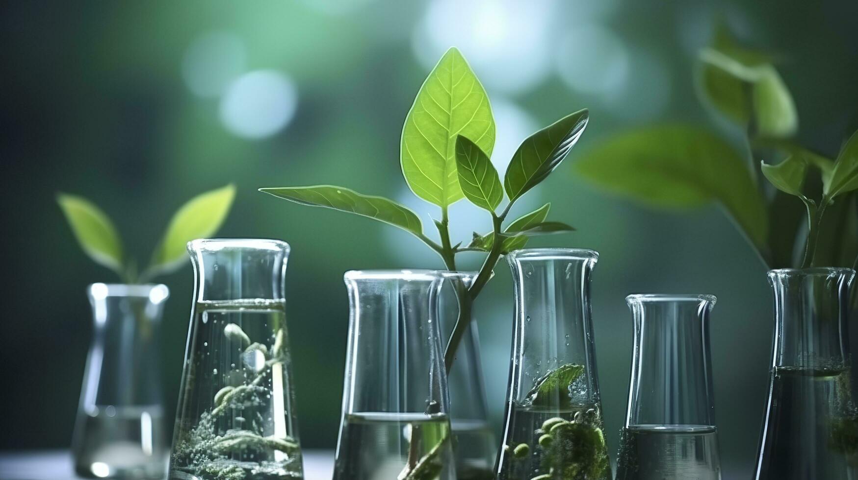 biotecnología concepto con verde planta hojas, laboratorio cristalería, y conductible investigación, ilustrando el poderoso combinación de naturaleza y Ciencias en médico avances ai generativo foto
