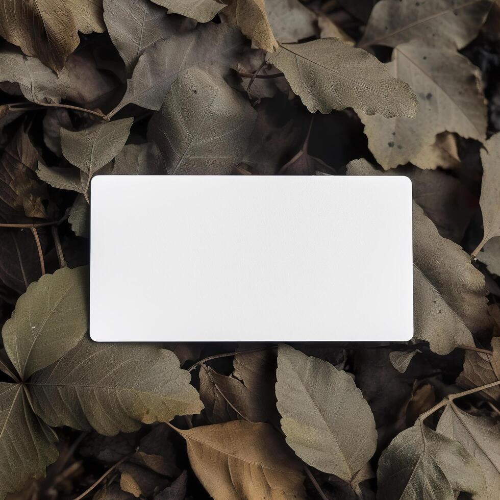 Blank business card on green leaves background. Generative AI photo