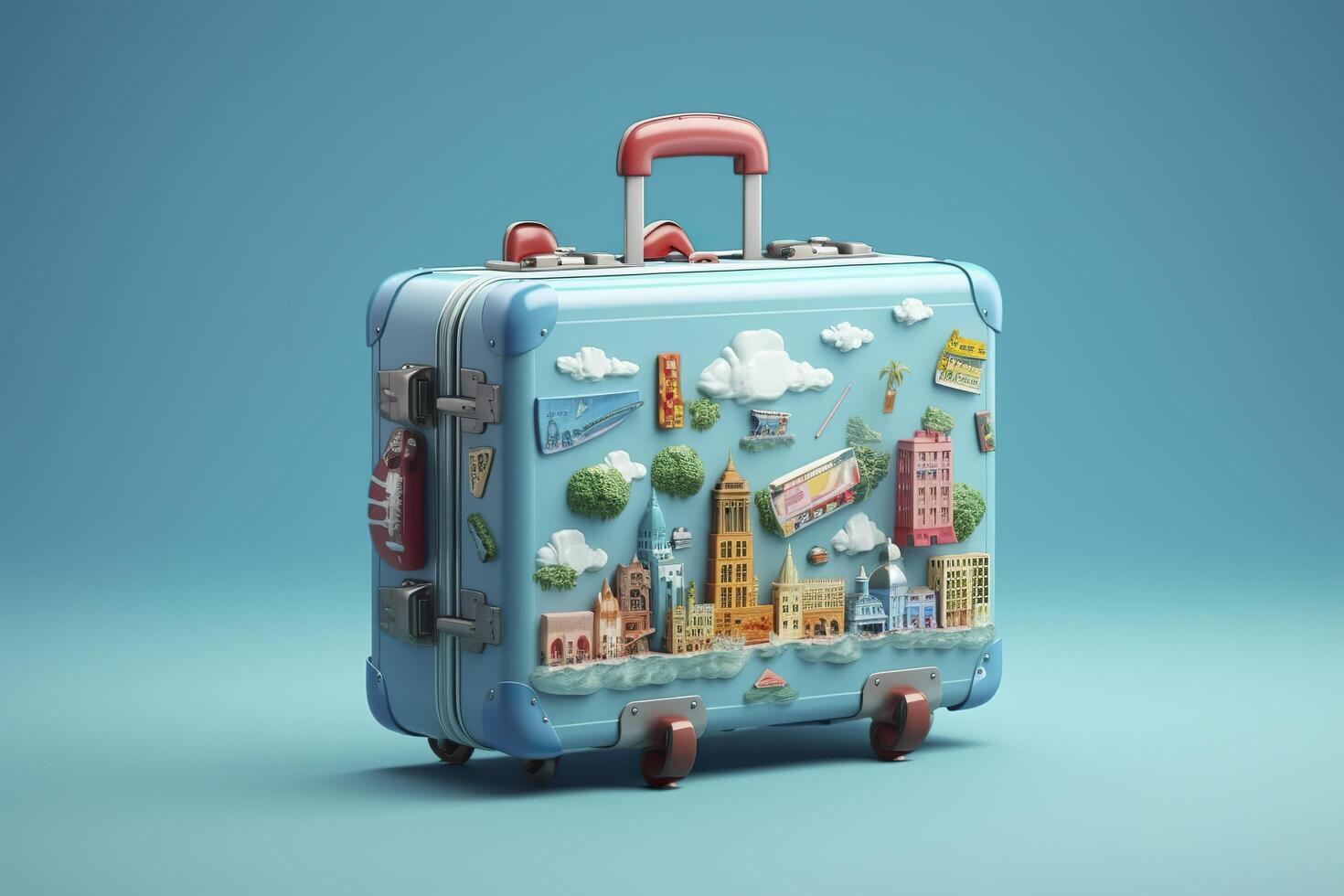 Blue suitcase full of landmarks and travel accessories on blue background. Generative AI photo