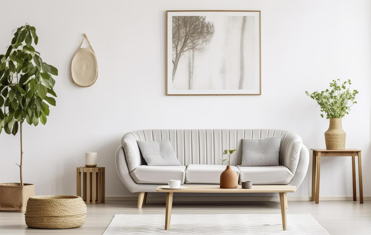 Boho open space interior in a cozy apartment with a design. Generative AI photo