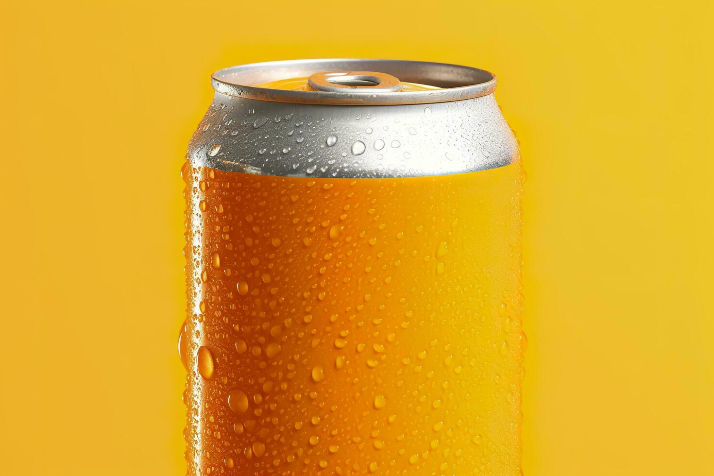 Can of fresh soda with water drops on orange background, closeup. Generative AI photo