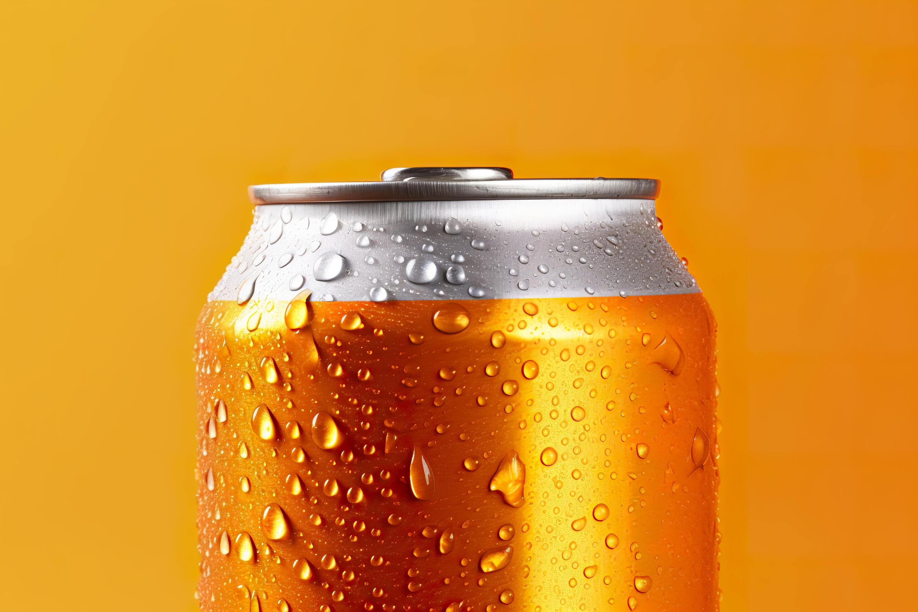 Can of fresh soda with water drops on orange background, closeup