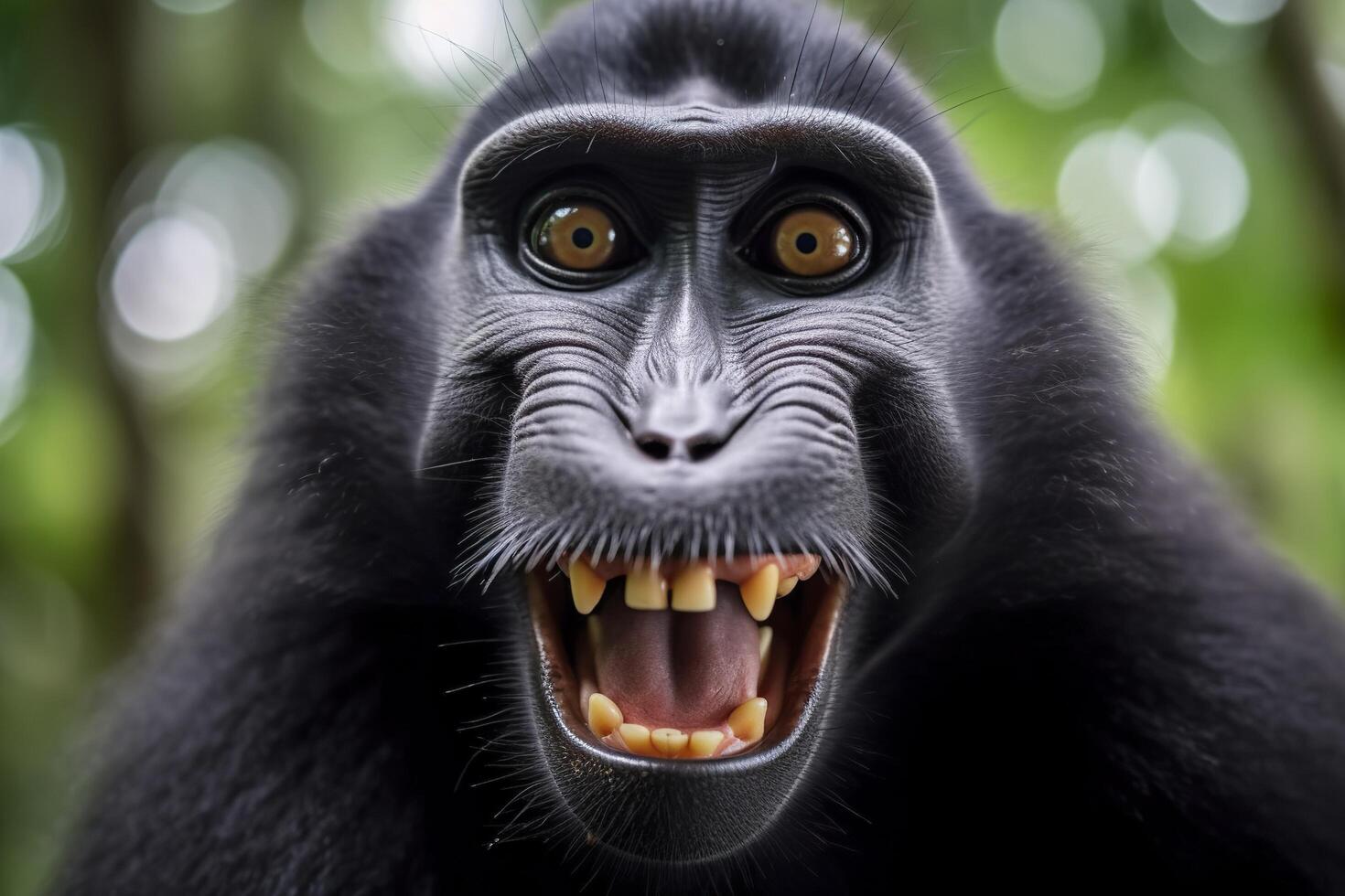 Celebes crested macaque with open mouth. Close up on the green natural background. Generative AI photo