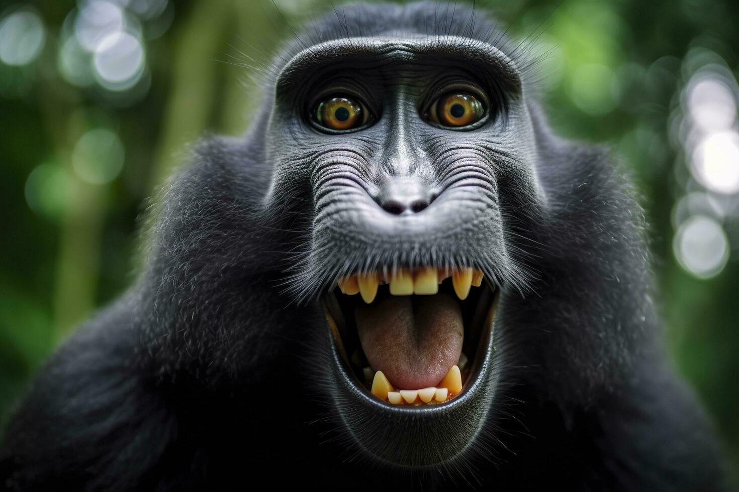 Celebes crested macaque with open mouth. Close up on the green natural background. Generative AI photo