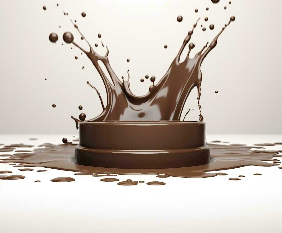 Chocolate splash with a podium, mockup background for milk product display, 3d. Generative AI photo