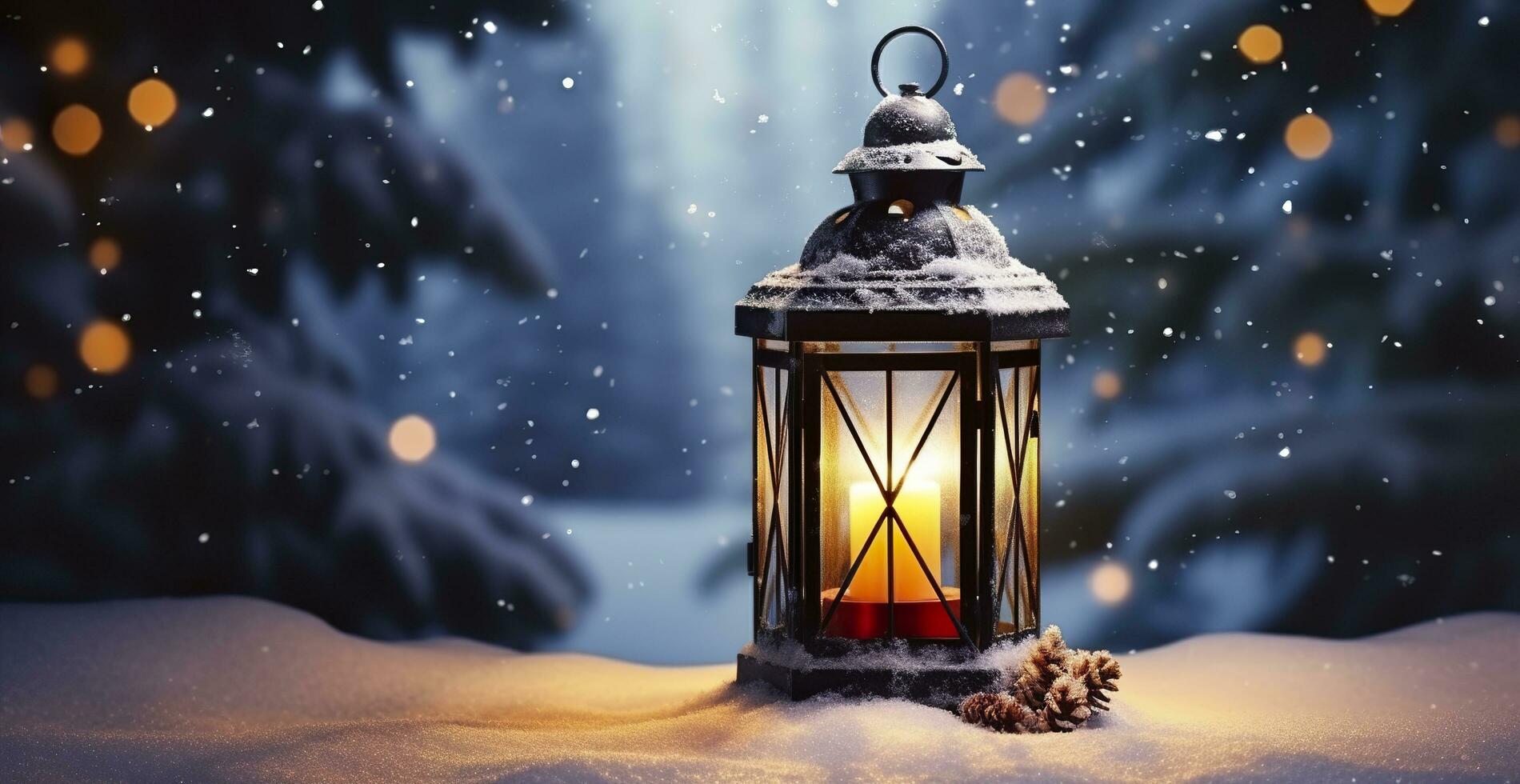 Christmas Lantern On Snow With Fir Branch In Evening Scene. Generative AI photo