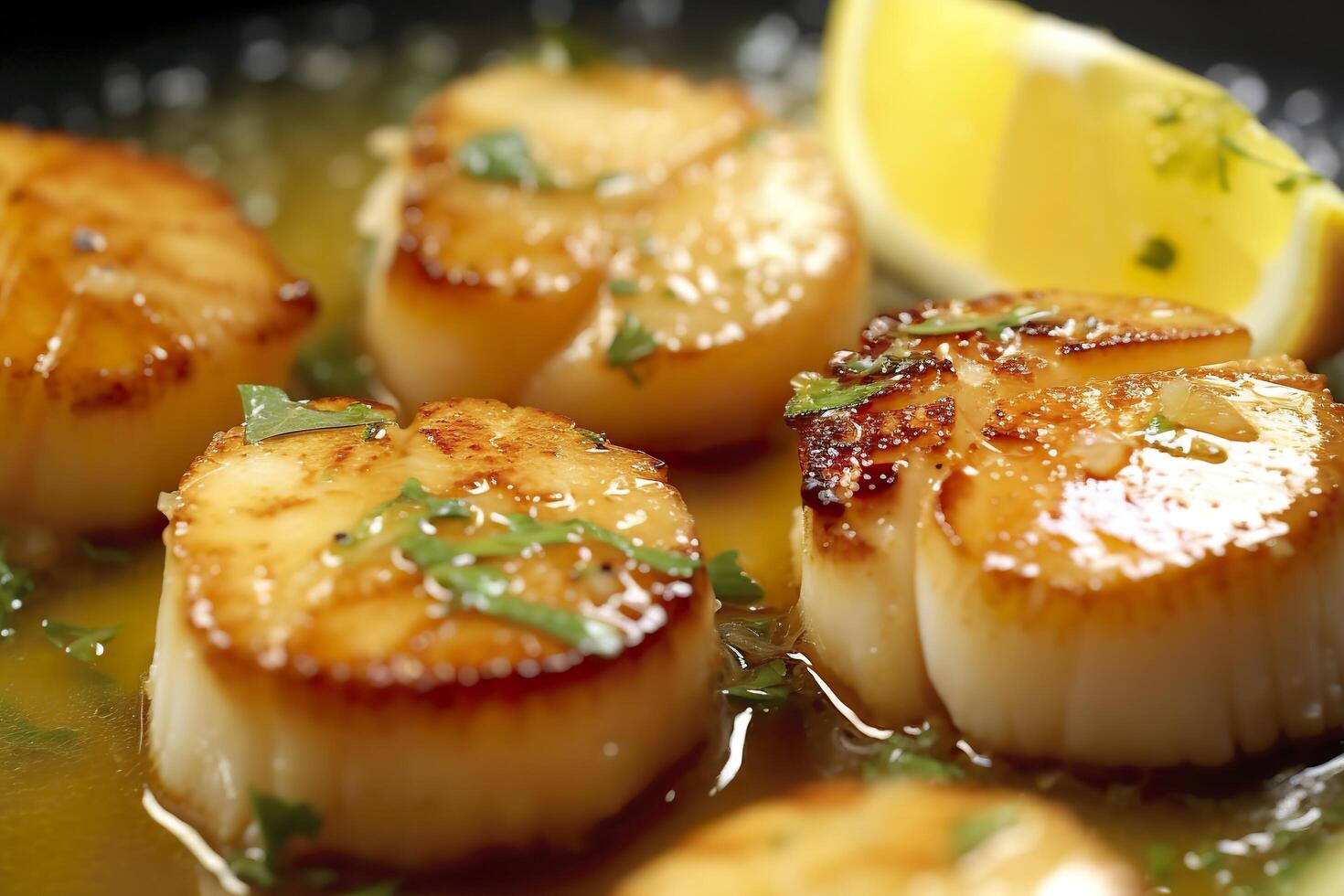 Closeup of pan seared diver scallops with lemon beurre blanc. Generative AI 30606684 Stock Photo