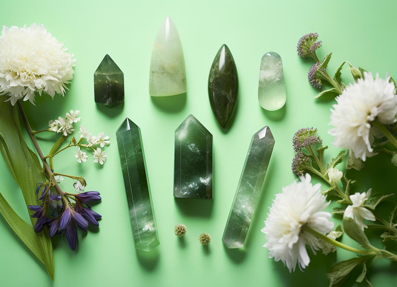 Crystal towers minerals set and white flowers on green abstract background. Generative AI photo