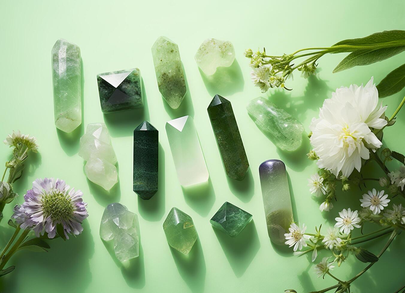 Crystal towers minerals set and white flowers on green abstract background. Generative AI photo