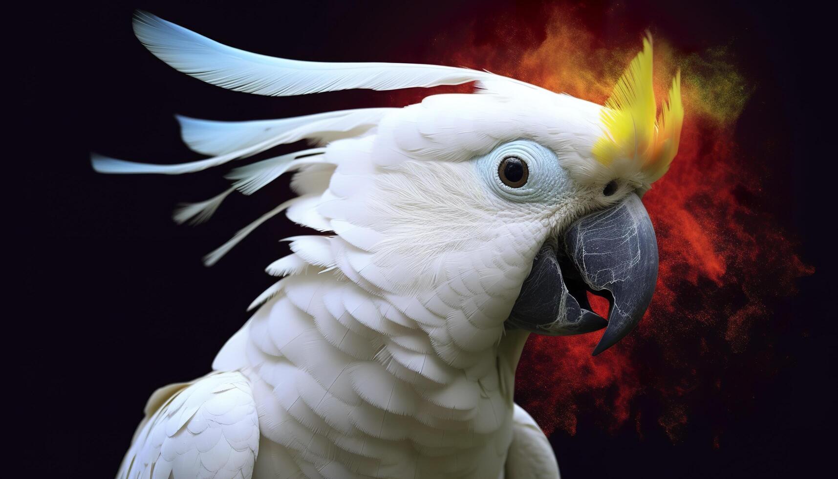 Digital photo manipulation of a white parrot. Generative AI