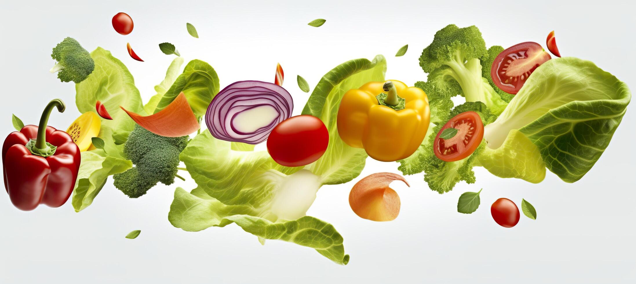 Falling vegetables, salad of bell pepper, tomato, and lettuce leaves. Generative AI photo