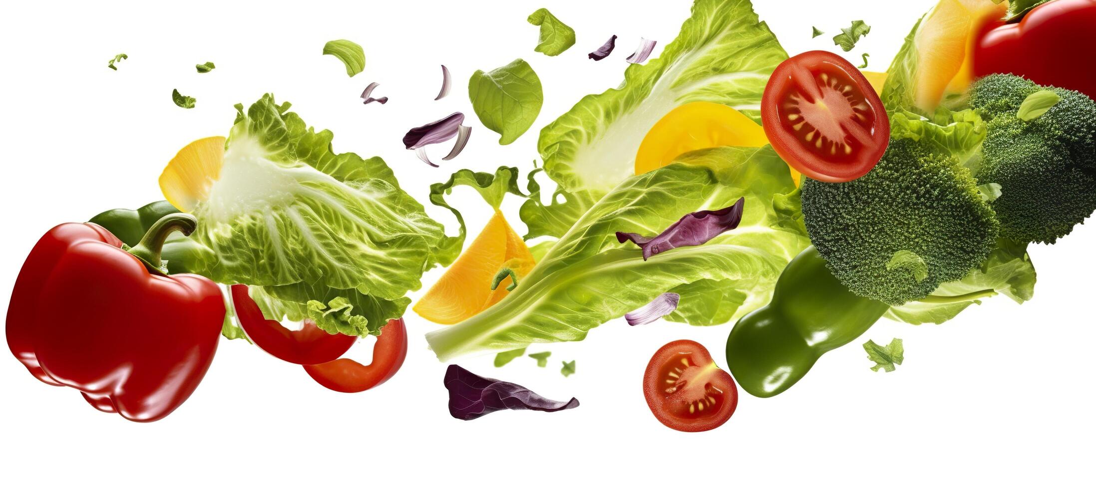 Falling vegetables, salad of bell pepper, tomato, and lettuce leaves. Generative AI photo