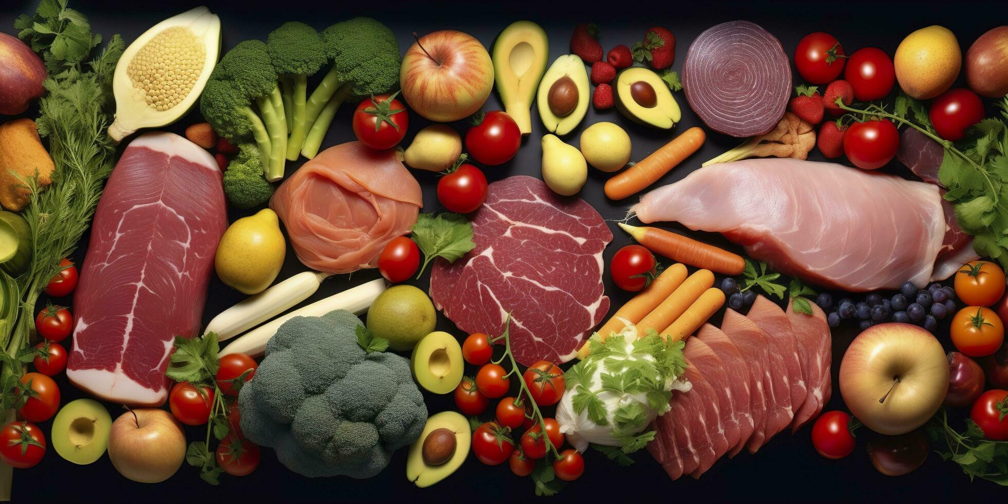 diferente tipos de carnes, verduras, y frutas laico en supermercados generativo ai foto