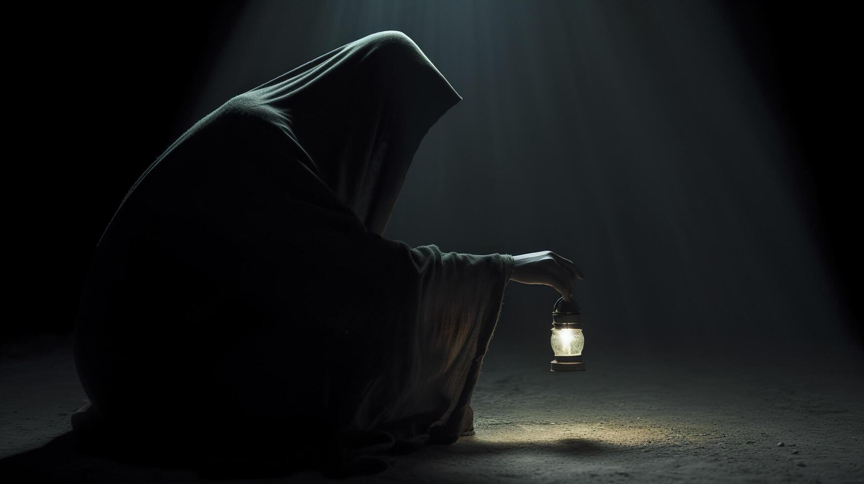 A hooded figure with a lantern searching for something. Generative AI photo