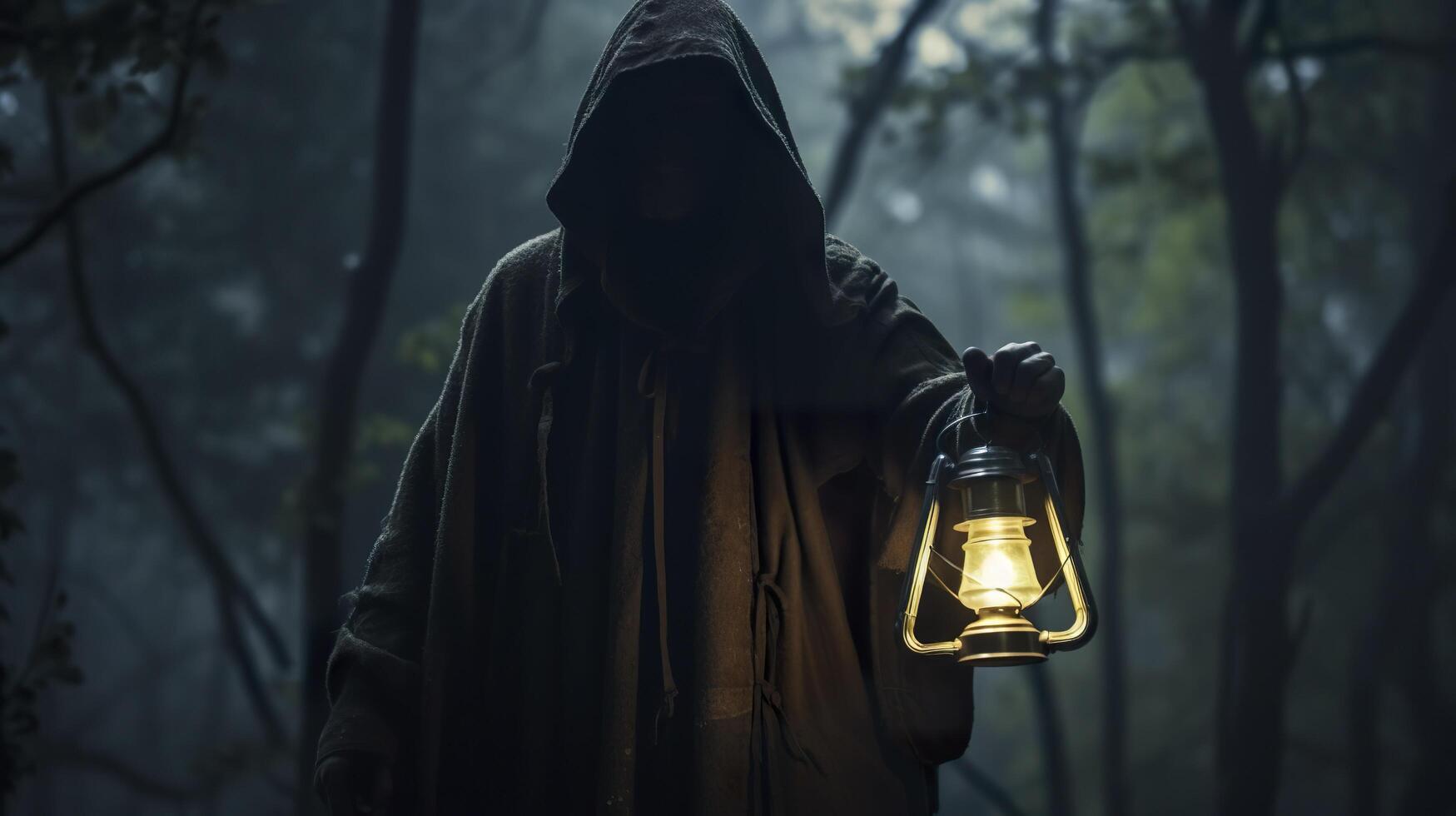 A hooded figure with a lantern searching for something. Generative AI photo